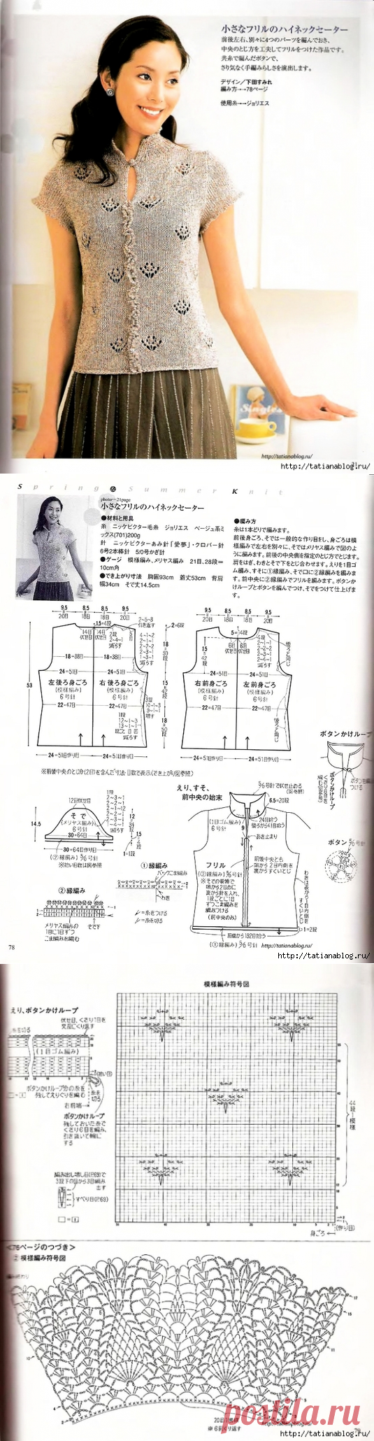 Летняя японская кофточка с цветочным узором спицами