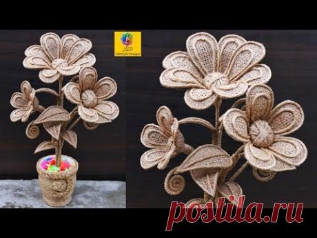 How to Make Jute Flower With Flower vase | DIY Jute Rope Flower | Jute Craft Decoration Design