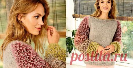 Пуловер украшенный крупными петлями Ух ты, это для смелых - пуловер, украшенный крупными петлями -имитирую-щими мех! Рукава привлекают не только своим объемом,