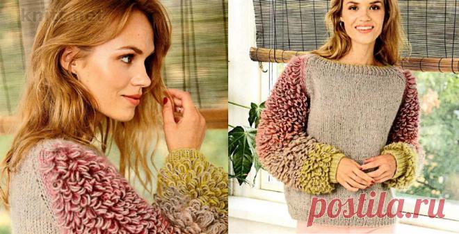 Пуловер украшенный крупными петлями Ух ты, это для смелых - пуловер, украшенный крупными петлями -имитирую-щими мех! Рукава привлекают не только своим объемом,