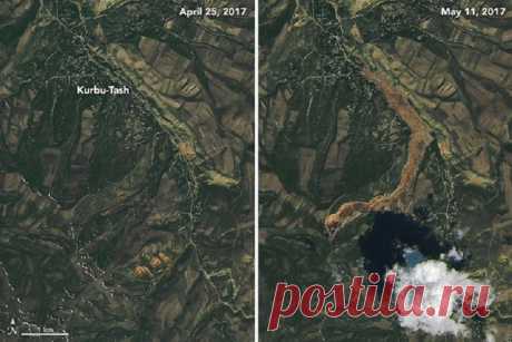 В Южной Киргизии обрушился горный склон. Масштаб разрушений можно оценить по спутниковым снимкам.