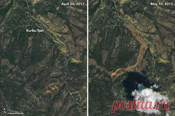 В Южной Киргизии обрушился горный склон. Масштаб разрушений можно оценить по спутниковым снимкам.