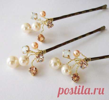 Wedding Hair Accessories,Choice of White or Cream Pearls and Swarovski Elements, Pearl Hair Clips, Peach and Cream Weddings, Hair Piece Peach and Cream Blend Wedding Hair Pins  Highly versatile and ready for a little hair creativity, our rhinestone, crystal and pearl berry sprig bobby pins will certainly give you the versatility needed for that special day. Perfect for the bridal party members as well.  This listing is for a set of Three (3). Need more? There is a quantity...