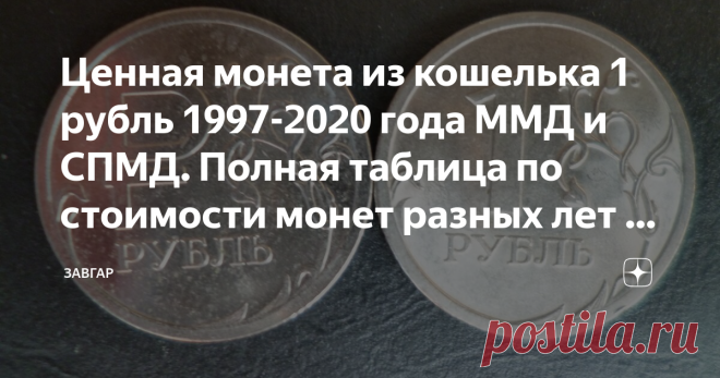 Ценная монета из кошелька 1 рубль 1997-2020 года ММД и СПМД. Полная таблица по стоимости монет разных лет и монетных двор Порой не нужен металлоискатель и длительные походы в 