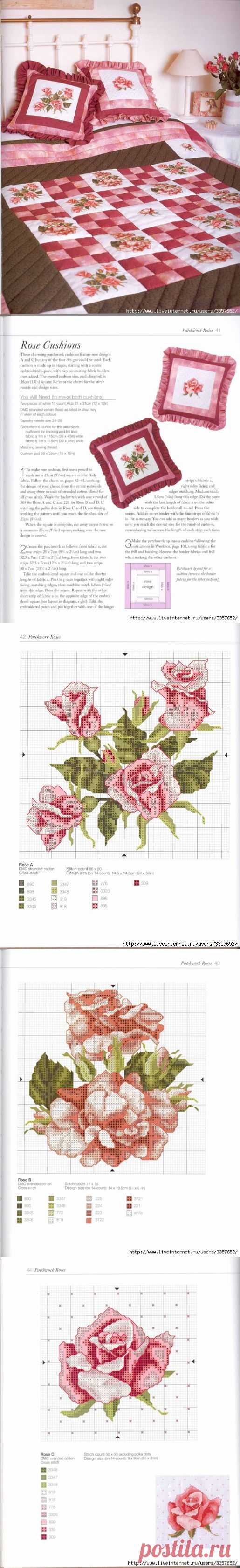 Вышитые плед и подушки для спальни с розами.
