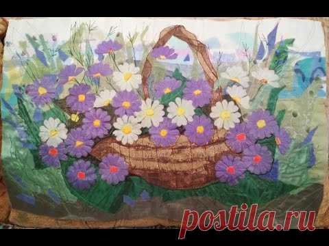 ЦВЕТЫ В КОРЗИНЕ/ текстильная пицца/ использование лоскута-обрезков (3)