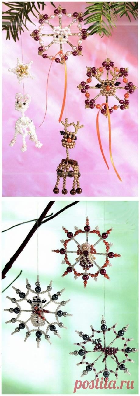 Снежинки с миниатюрами: олени, снеговик и ангелок Новогодние изделия – Бисерок