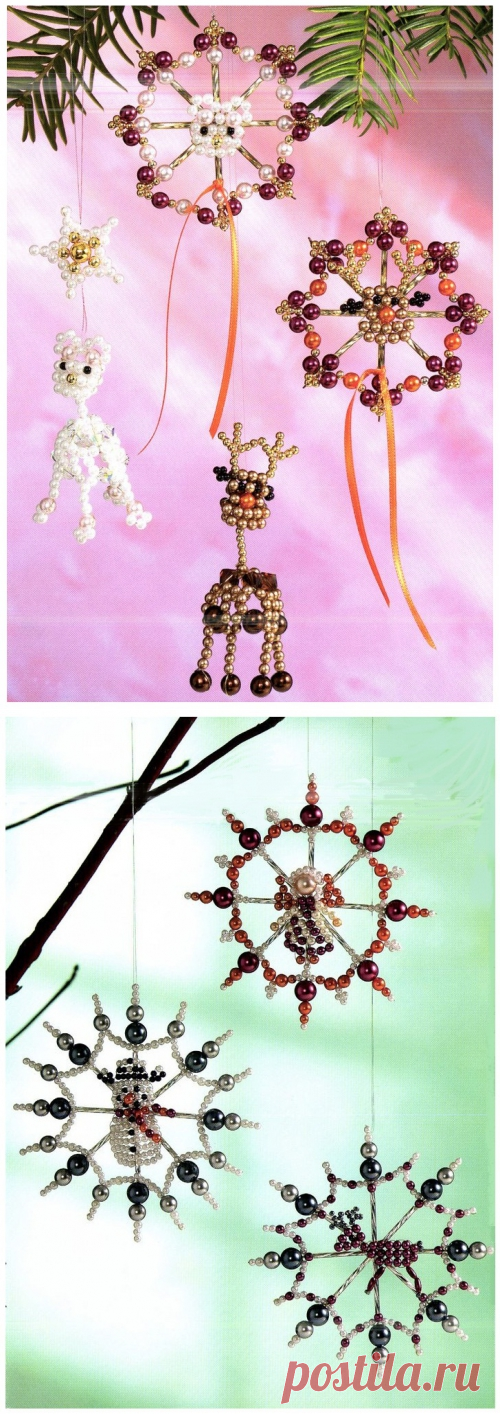 Снежинки с миниатюрами: олени, снеговик и ангелок Новогодние изделия – Бисерок