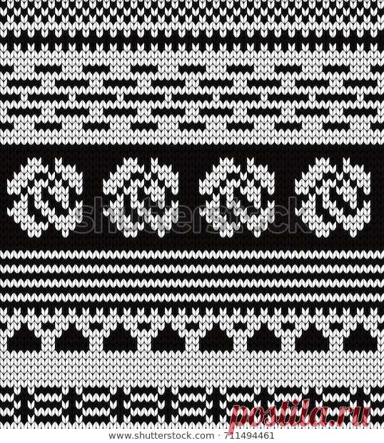 Стоковая векторная графика «Knitted Seamless Pattern Roses Fair Isle» (без лицензионных платежей), 711494461