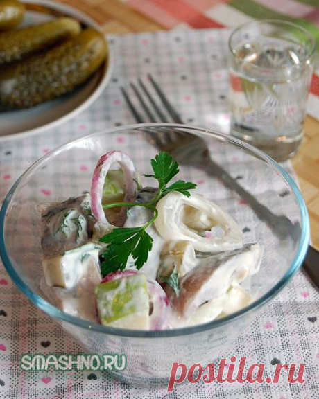 Закуска из селедки в сметане. С луком, огурчиком и яблоком. - пошаговый рецепт с фото