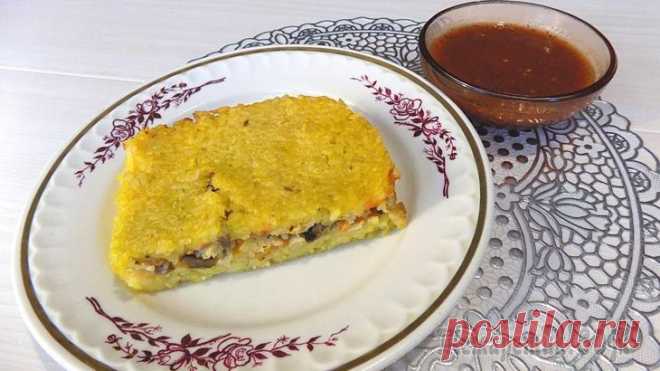 Запеканка из риса с фаршем,грибами и сыром приготовленная в духовке