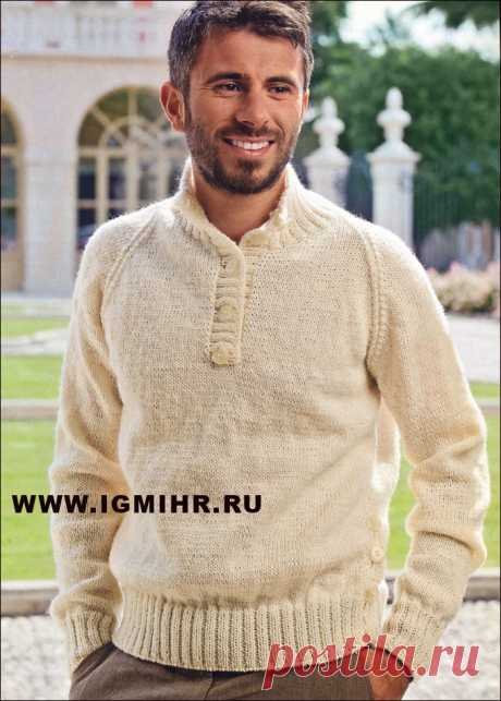 Мужской классический пуловер-реглан из 100% шерсти. Спицы
