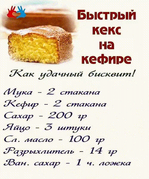 Приготовление:
Сливочное масло растопите, остудите.
Муку просейте, тщательно смешайте с разрыхлителем.
Соедините сахар, яйца, ванильный сахар. Взбейте.
Добавьте в массу кефир и растопленное сливочное масло. Перемешайте.
В полученную массу добавьте муку с разрыхлителем, замесите тесто.
Тесто должно постоять в при комнатной температуре 15 минут.
Смажьте форму маслом, вылейте в неё тесто.
Кекс поднимется, поэтому оставьте для этого процесса место.
Выпекайте около часа при 180 — 200 градусов, смотря
