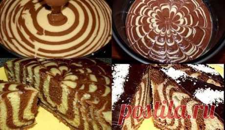 Торт «Зебра» 

Продукты: 
Яйцо — 5 штук 
Сахар — 2 стакана 
Масло сливочное — 200 г 
Сметана — 1 стакан 
Мука пшеничная — 2 стакана 
Какао-порошок — 2 ст. ложки 

Приготовление: 

Яйца взбить с сахаром до белой пены. Добавить просеянную муку, соду, растопленное остывшее сливочное масло, сметану и тщательно перемешать (лучше миксером). 

Тесто разделить на две равные части. В одну часть добавить 2 столовые ложки муки, в другую 2 столовые ложки какао. Перемешать, чтобы не бы...