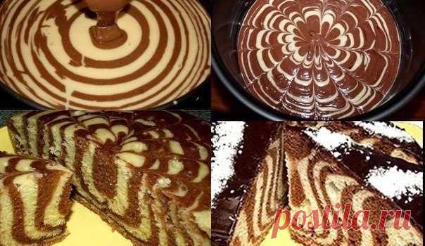 Торт «Зебра» 

Продукты: 
Яйцо — 5 штук 
Сахар — 2 стакана 
Масло сливочное — 200 г 
Сметана — 1 стакан 
Мука пшеничная — 2 стакана 
Какао-порошок — 2 ст. ложки 

Приготовление: 

Яйца взбить с сахаром до белой пены. Добавить просеянную муку, соду, растопленное остывшее сливочное масло, сметану и тщательно перемешать (лучше миксером). 

Тесто разделить на две равные части. В одну часть добавить 2 столовые ложки муки, в другую 2 столовые ложки какао. Перемешать, чтобы не бы...