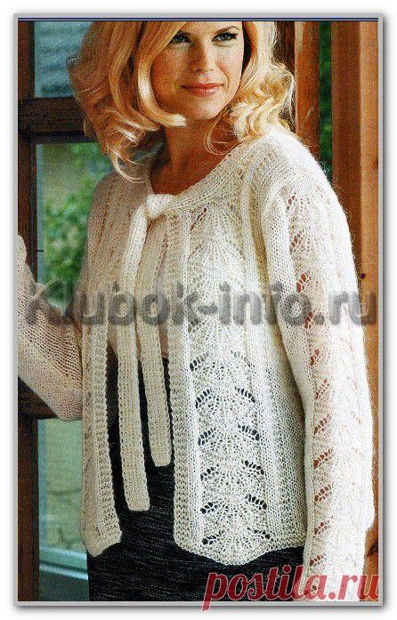 Вязание спицами. Женские модели. Однотонный жакет с ажурным узором, на завязке. Размеры: 36(38)40(42)44(46)
