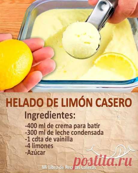 a person scooping ice cream into a container with a lemon in it and the words, helado de limoon casero ingredients
