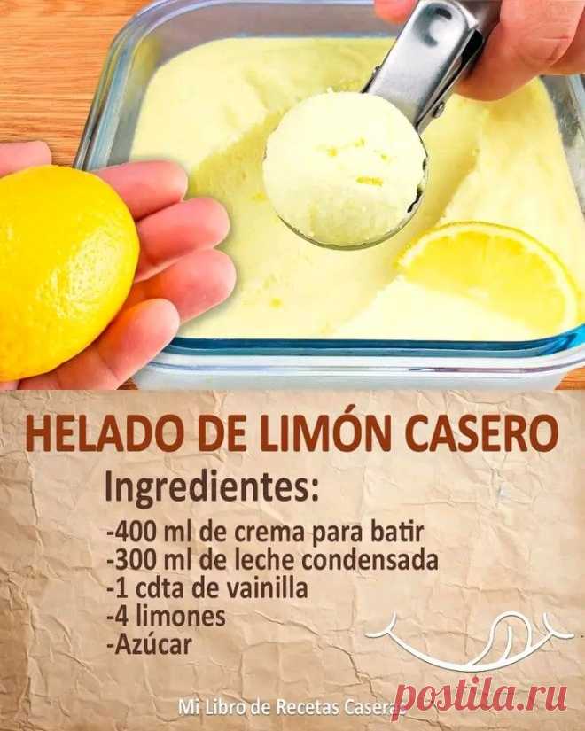 a person scooping ice cream into a container with a lemon in it and the words, helado de limoon casero ingredients