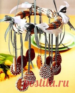 Идея вкусного праздничного декора для Пасхального стола.

Для этого надо из веток или лозы сплести небольшой венок, скрепить его в нескольких местах проволокой, украсить лентами пасхальным печеньем и подвесить над праздничным столом (например, на люстру).
