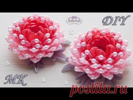 Фантазийная хризантема ✿ с бусинами. Канзаши из узких лент МК/DIY