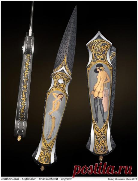 Нож складной от Matthew Lerch. Гравировка от Brian Hochstrat. Дамасская сталь. Всечка золотом.