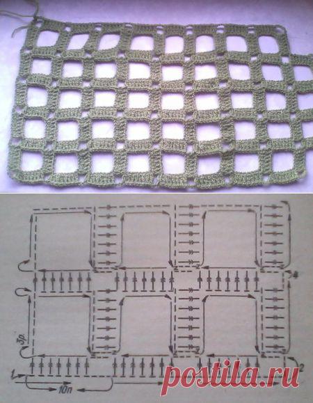 Ажурный узор крупная клетка крючком