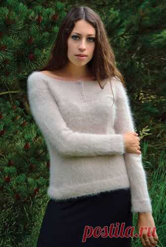 Вязание спицами джемпера с застежкой Annis, Storm Облегающий джемпер с застежкой на горловине полочки. Размер: XS (S, M, L, XL, XXL). Вам потребуется 8 (9, 9, 10, 10, 11) мотков по 25 г пряжи Angora Haze, спицы 3 и 3.25 мм