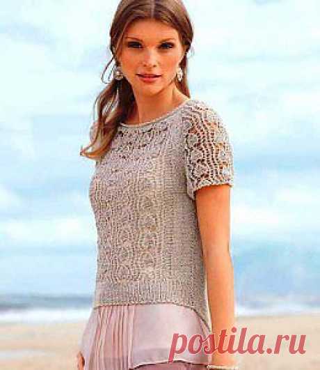 Пуловер с ажурными рукавами | Вязание спицами, крючком, уроки вязания
