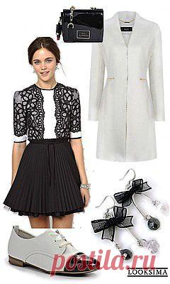 Предметы гардероба черного и белого цветов могут быть не только классическими и строгими, - все зависит от того, какой силуэт и фактуру имеет вещь. К примеру, можно собрать такой легкий, игривый, "юный" комплект на основе черно-белого платья из органзы с плиссированной юбкой.