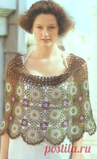 Разноцветное пончо крючком из цветочных мотивов. Схемы. / laduska.ru