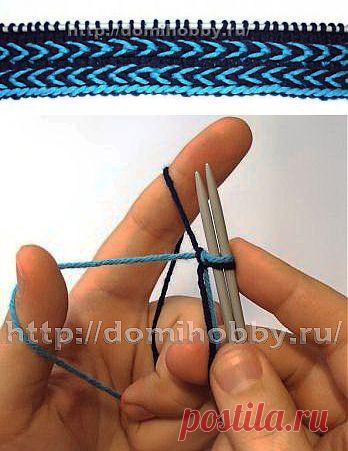 Красивый прием вязания спицами двухцветной косички.