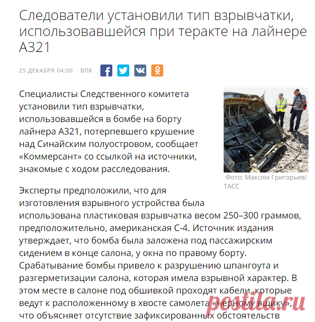 Следователи установили тип взрывчатки, использовавшейся при теракте на лайнере А321 — Rambler News Service