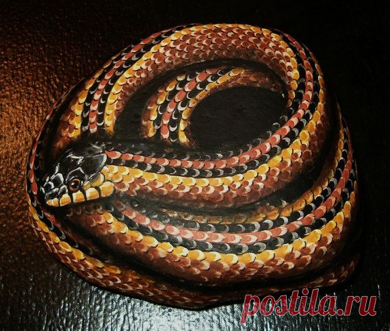 Hand Painted Rock Art - Brown Garter Snake