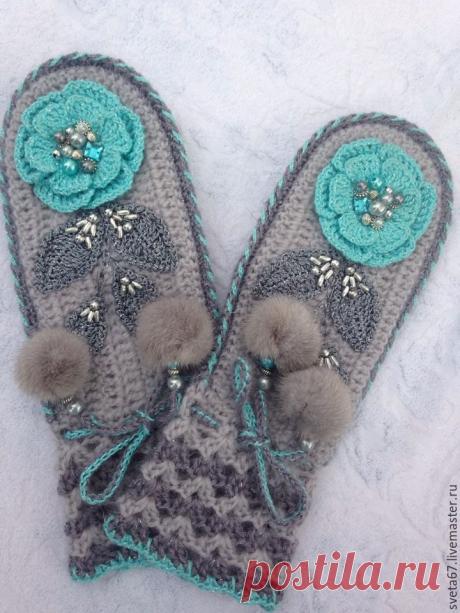 Купить Варежки вязаные" В ожидании" авт.работа 10.01.2016. - серый, цветочный