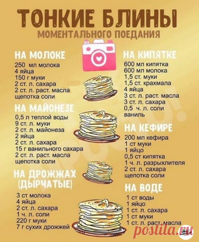 МЫ СОБРАЛИ ДЛЯ ВАС НЕСКОЛЬКО РЕЦЕПТОВ ТОНКИХ БЛИНЧИКОВ.
ПРИЯТНОГО АППЕТИТА