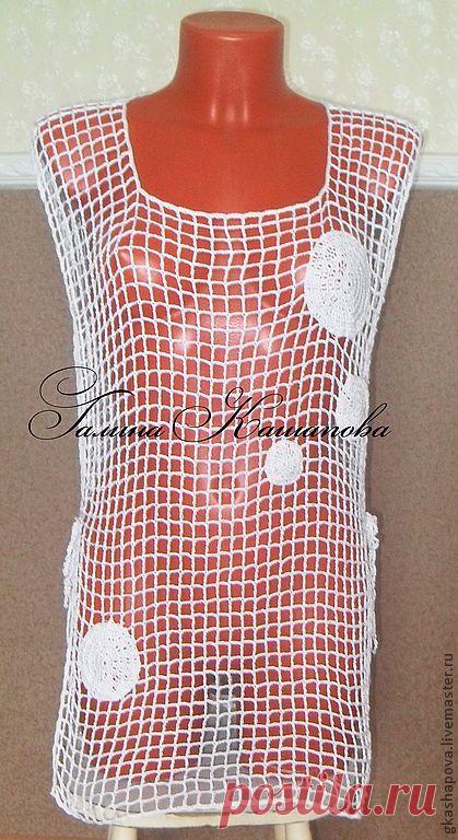 Вязаная пляжная туника узором "сетка" - вязаная туника,летнее вязаное платье