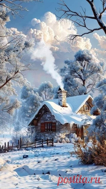 a painting of a house in the snow