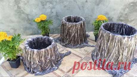 Кашпо пенёк из старого ведра и ненужных вещей | DIY flower pot