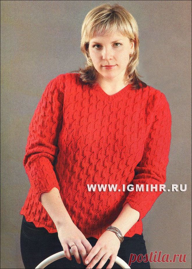 Мода plus. Цвет имеет значение: красный шерстяной пуловер. Спицы