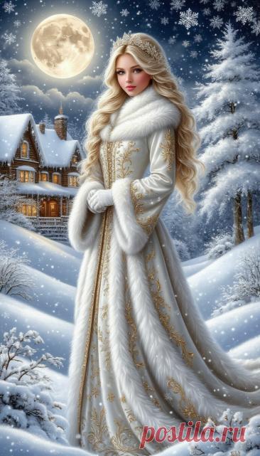 Красивая нежность , белый ,бархатный наряд, расшитый золотом,пушистый белый мех, в полный рост, вокруг большие пушистые белые сугробы, белые пушистые дома и пушистые деревья,падают  снежинки. Серебряный месяц на небе .Блеск. Работа выполнена в гиперреалистическом стиле с высоким разрешением и детальной цифровой живописью, передающей текстуры чернил.Ли Богл