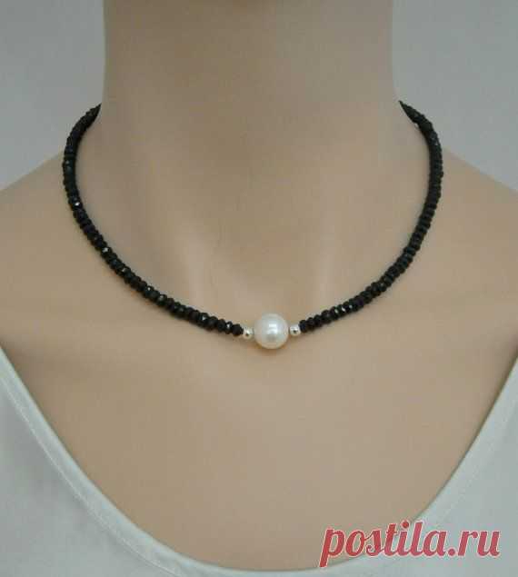 Black spinel necklace with freshwater pearl and sterling silver