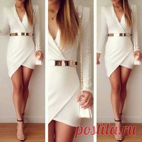 White Belted Wrap Plunging V Body Con Asymmetrical Long Sleeve Mini Dress NWT