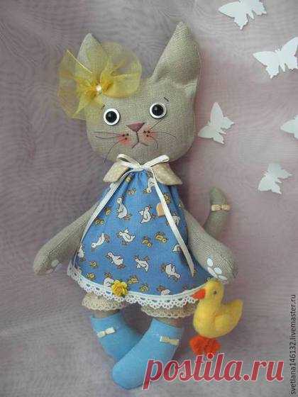 Купить Кошечка с уточкой - синий, кот, котенок игрушка, котенок, кошечка, носочки, бант, уточка