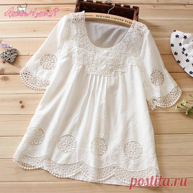 Сладкая Принцесса Цветок Вышивка Кружева Белая Рубашка Мори Девушка Летние Новый Стиль Хлопок Женщины Блузка Топы Blusas Femininas купить на AliExpress