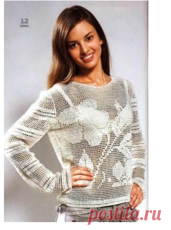 СТИЛЬНЫЙ ВЕСЕННИЙ ПУЛОВЕР С ФИЛЕЙНЫМ УЗОРОМ КРЮЧКОМ