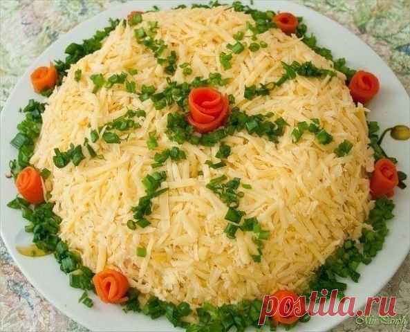 КАКОЙ ПРАЗДНИЧНЫЙ !!!  **На блюдо, слоями, под майонез: 1)кура 500г, 2)пл/сырок 2шт, 3)отварные яйцо 4шт, морковь 3шт -тёрка, смешай с майонезом. *Раздели на 2части, и повтори слои. )В холод на 1час. *Декор, и подача: тёртый сыр, зелень, морковь -розы.