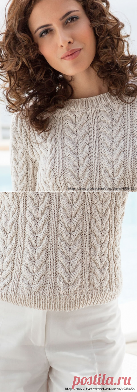 Женский пуловер в резинку с косами.