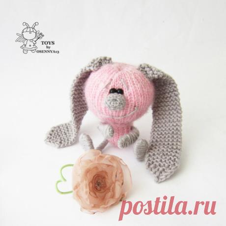 Купить Романтичная зайка - бледно-розовый, вязание спицами, вязаная игрушка, авторская игрушка, зайка
