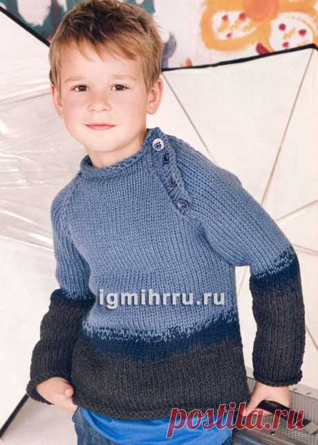 Для мальчика 4-10 лет. Джемпер в цветах денима. Вязание спицами для детей