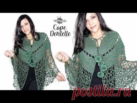 CAPE "Dentelle" au crochet top down pompons et point ajouré